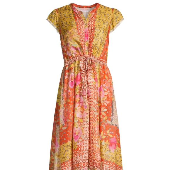 Johnny Was 100% Silk Eliana Lucy Silk Midi Dress Lined Pockets Ruffle Hem